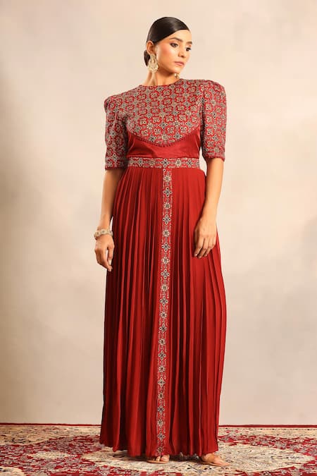 Sejal Kamdar Ajrakh Embellished Yoke Gathered Dress 