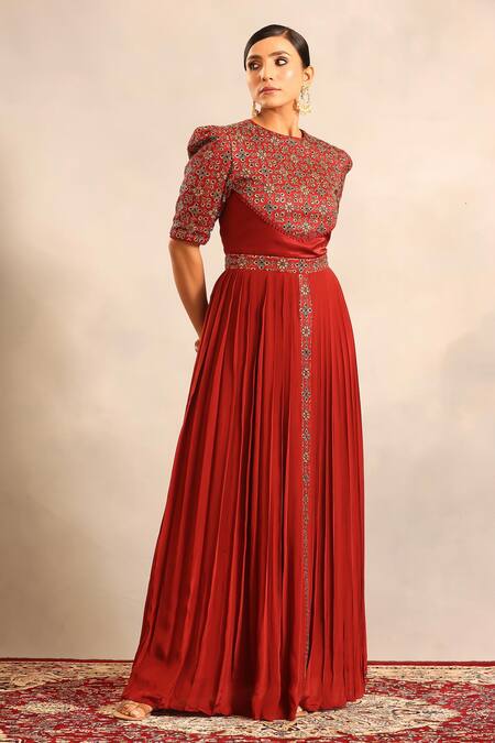 Buy_Sejal Kamdar_Maroon Crepe, Silk Embroidery Round Neck Ajrakh Embellished Yoke Gathered Dress _Online_at_Aza_Fashions