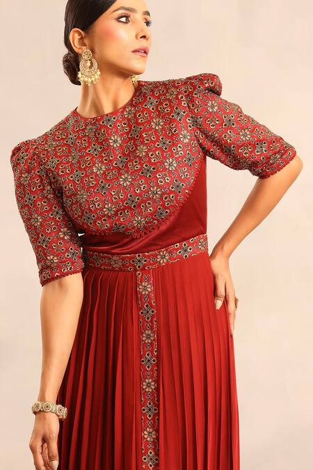 Shop_Sejal Kamdar_Maroon Crepe, Silk Embroidery Round Neck Ajrakh Embellished Yoke Gathered Dress _Online_at_Aza_Fashions