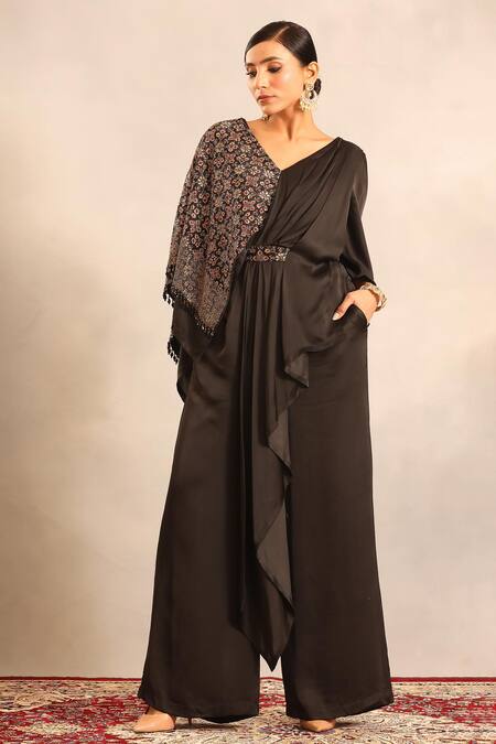 Buy_Sejal Kamdar_Black Satin Embroidery V-neck Ajrakh Embellished One Flap Jumpsuit _Online_at_Aza_Fashions
