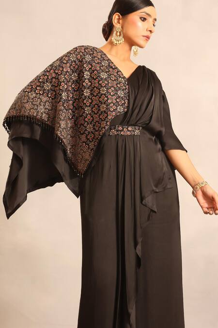 Shop_Sejal Kamdar_Black Satin Embroidery V-neck Ajrakh Embellished One Flap Jumpsuit _Online_at_Aza_Fashions