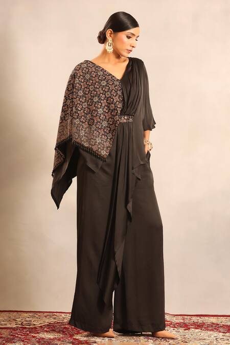 Sejal Kamdar_Black Satin Embroidery V-neck Ajrakh Embellished One Flap Jumpsuit _at_Aza_Fashions