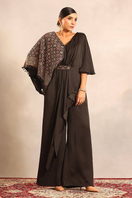 Buy_Sejal Kamdar_Black Satin Embroidery V-neck Ajrakh Embellished One Flap Jumpsuit 