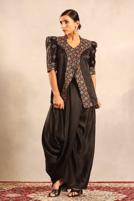 Shop_Sejal Kamdar_Black Shantoon Embroidery V-neck Ajrakh Jacket And Drape Skirt _Online_at_Aza_Fashions