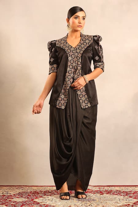 Sejal Kamdar Ajrakh Embroidered Jacket & Drape Skirt 