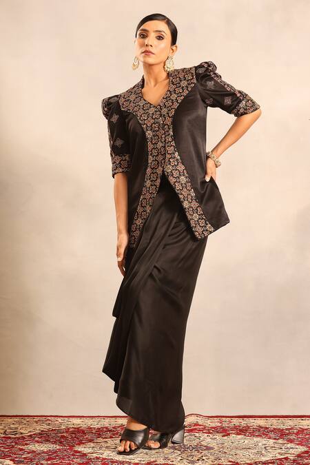 Sejal Kamdar_Black Shantoon Embroidery V-neck Ajrakh Jacket And Drape Skirt _at_Aza_Fashions