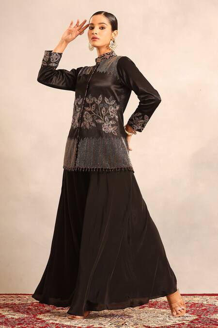 Buy_Sejal Kamdar_Black Silk, Crepe Patchwork, Embroidery, And Cut Pipe Penetration Jacket & Pant _Online_at_Aza_Fashions