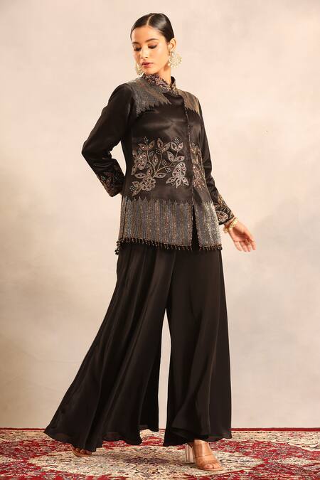 Shop_Sejal Kamdar_Black Silk, Crepe Patchwork, Embroidery, And Cut Pipe Penetration Jacket & Pant _Online_at_Aza_Fashions