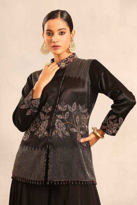 Buy_Sejal Kamdar_Black Silk, Crepe Patchwork, Embroidery, And Cut Pipe Penetration Jacket & Pant 