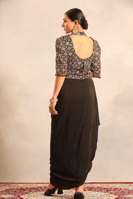 Sejal Kamdar Ajrakh Embellished Blouse & Drape Skirt Set 