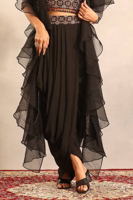 Buy_Sejal Kamdar_Black Crepe, Organza Beads, Ajrakh Embellished Blouse And Drape Skirt Set _Online_at_Aza_Fashions
