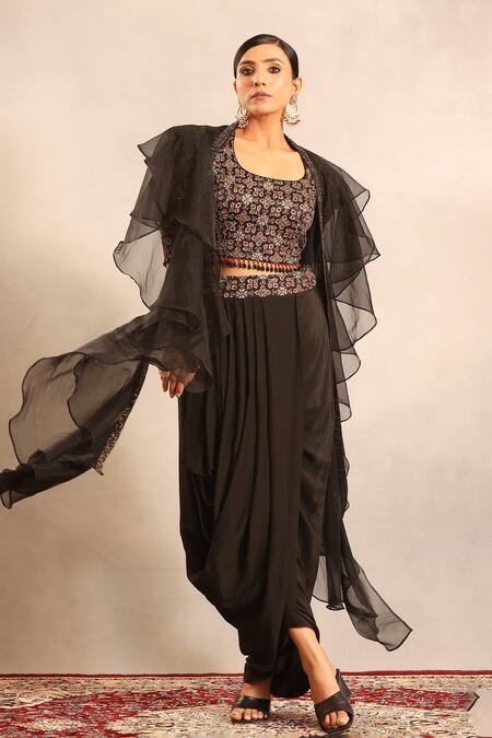 Shop_Sejal Kamdar_Black Crepe, Organza Beads, Ajrakh Embellished Blouse And Drape Skirt Set _Online_at_Aza_Fashions