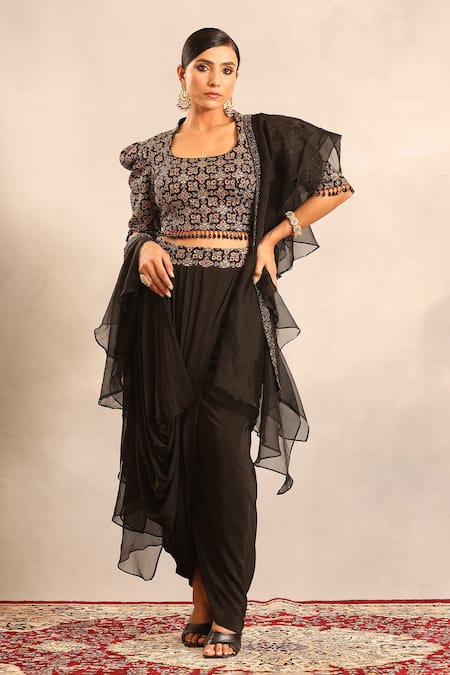 Sejal Kamdar Ajrakh Embellished Blouse & Drape Skirt Set 