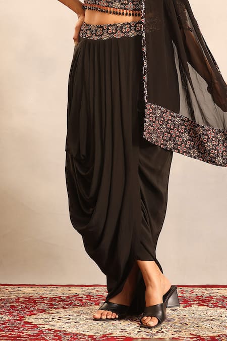 Buy_Sejal Kamdar_Black Crepe Pom-poms, Piping, Tassels Ajrakh Blouse, Dhoti Skirt And Dupatta Set _Online_at_Aza_Fashions