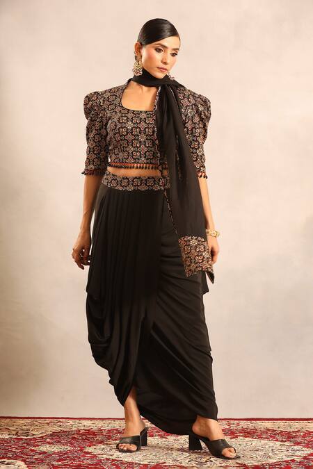 Shop_Sejal Kamdar_Black Crepe Pom-poms, Piping, Tassels Ajrakh Blouse, Dhoti Skirt And Dupatta Set _Online_at_Aza_Fashions