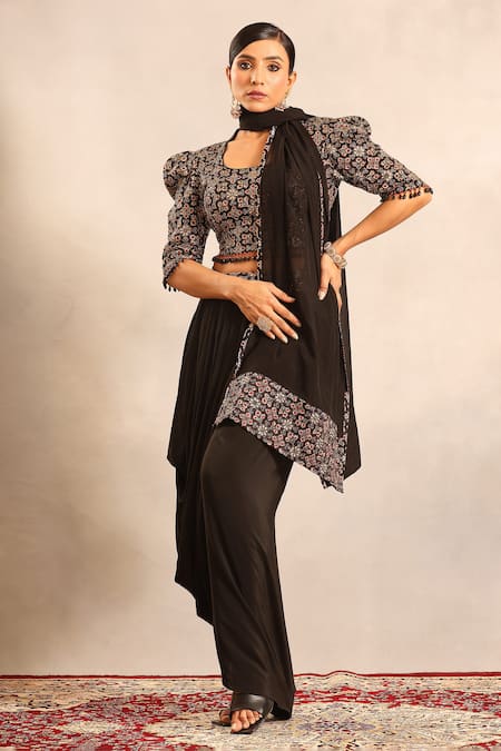Sejal Kamdar_Black Crepe Pom-poms, Piping, Tassels Ajrakh Blouse, Dhoti Skirt And Dupatta Set _at_Aza_Fashions