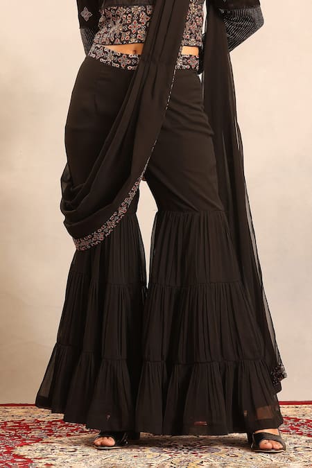 Buy_Sejal Kamdar_Black Georgette Patchwork, Beads Keyhole Neck Ajrakh Blouse And Sharara Set _Online_at_Aza_Fashions