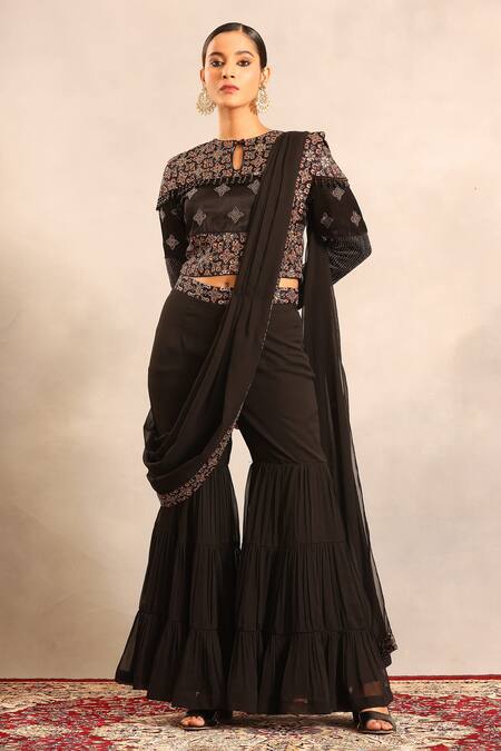Shop_Sejal Kamdar_Black Georgette Patchwork, Beads Keyhole Neck Ajrakh Blouse And Sharara Set _Online_at_Aza_Fashions