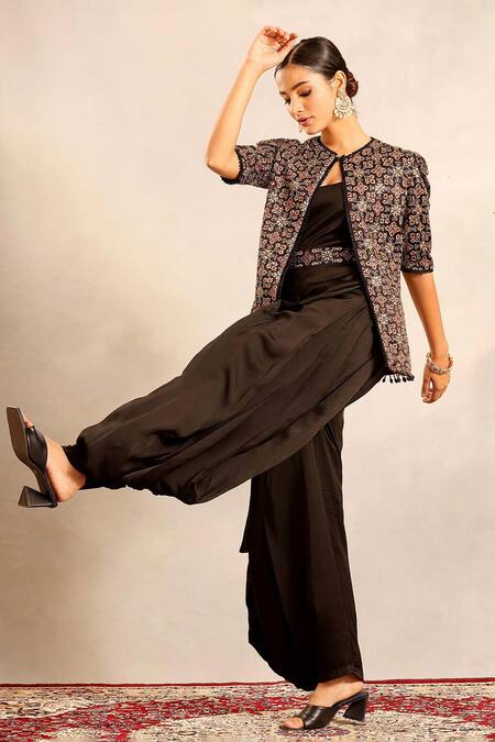 Buy_Sejal Kamdar_Black Embroidery, Beads Scoop Neck, Ajrakh Embellished Jacket And Cowl Jumpsuit _Online_at_Aza_Fashions