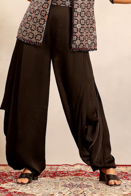 Shop_Sejal Kamdar_Black Embroidery, Beads Scoop Neck, Ajrakh Embellished Jacket And Cowl Jumpsuit _Online_at_Aza_Fashions