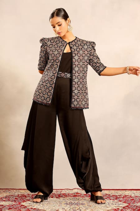 Sejal Kamdar_Black Embroidery, Beads Scoop Neck, Ajrakh Embellished Jacket And Cowl Jumpsuit _at_Aza_Fashions