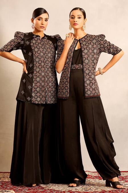 Buy_Sejal Kamdar_Black Embroidery, Beads Scoop Neck, Ajrakh Embellished Jacket And Cowl Jumpsuit 