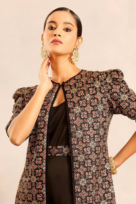 Shop_Sejal Kamdar_Black Embroidery, Beads Scoop Neck, Ajrakh Embellished Jacket And Cowl Jumpsuit 
