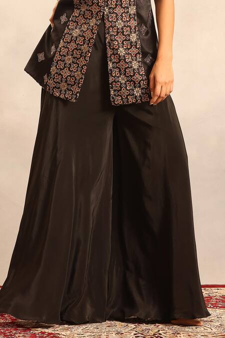 Buy_Sejal Kamdar_Black Patchwork Split V-neck Ajrakh Peplum Jacket And Flared Pant _Online_at_Aza_Fashions