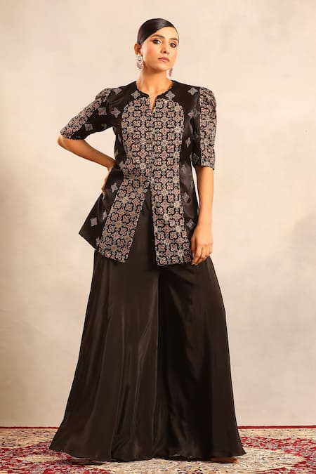Sejal Kamdar Ajrakh Patchwork Peplum Jacket & Flared Pant 