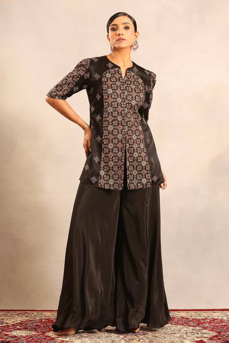 Shop_Sejal Kamdar_Black Patchwork Split V-neck Ajrakh Peplum Jacket And Flared Pant _Online_at_Aza_Fashions
