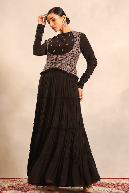 Shop_Sejal Kamdar_Black Georgette Embroidery Round Neck Ajrakh Gathered Dress _Online_at_Aza_Fashions