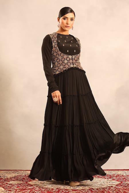 Sejal Kamdar_Black Georgette Embroidery Round Neck Ajrakh Gathered Dress _at_Aza_Fashions