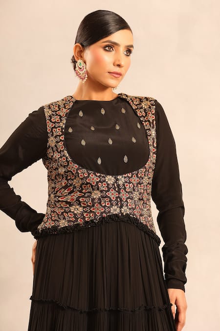 Buy_Sejal Kamdar_Black Georgette Embroidery Round Neck Ajrakh Gathered Dress 
