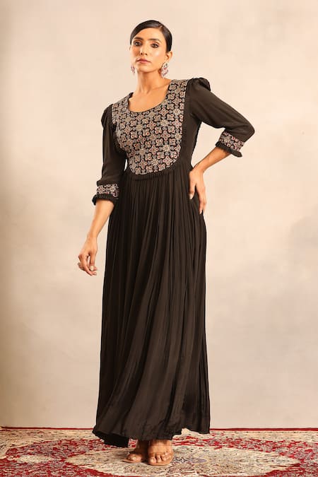 Sejal Kamdar_Black Crepe Embroidery Round Ajrakh Gathered Dress With Cut Pipe Embellishment _Online_at_Aza_Fashions
