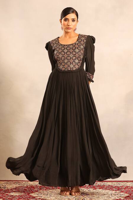 Buy_Sejal Kamdar_Black Crepe Embroidery Round Ajrakh Gathered Dress With Cut Pipe Embellishment _Online_at_Aza_Fashions