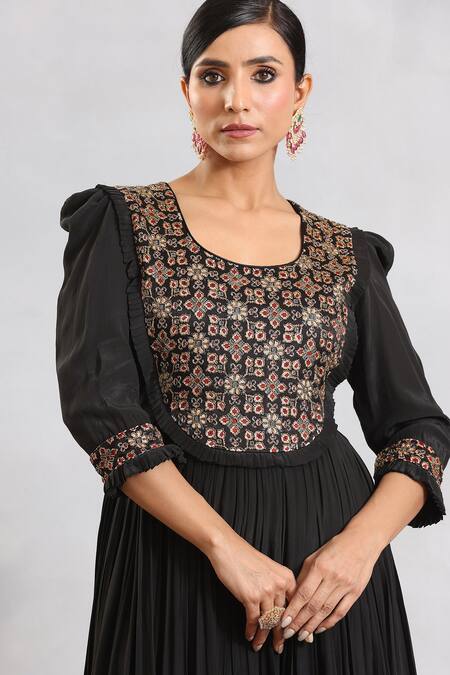 Shop_Sejal Kamdar_Black Crepe Embroidery Round Ajrakh Gathered Dress With Cut Pipe Embellishment _Online_at_Aza_Fashions