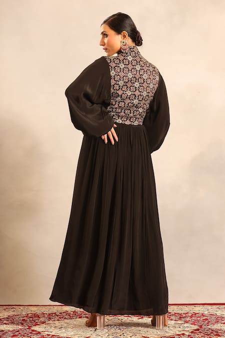 Sejal Kamdar Ajrakh Embellished Yoke Butterfly Sleeve Dress 
