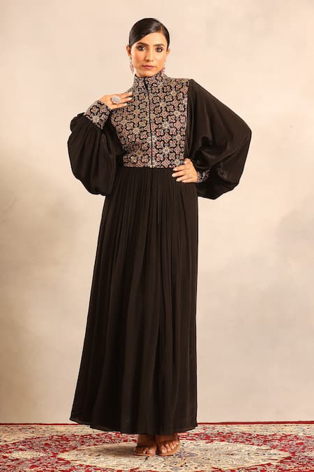 Sejal Kamdar_Black Crepe Embroidery High Neck Ajrakh Embellished Yoke Butterfly Sleeve Dress _Online_at_Aza_Fashions
