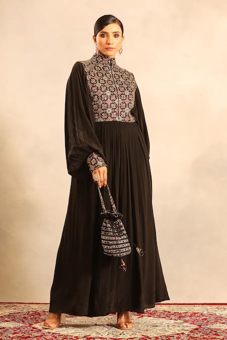 Sejal Kamdar Ajrakh Embellished Yoke Butterfly Sleeve Dress 