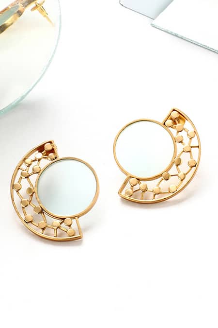 Suhani Pittie_Gold Plated Circular Acrylic And Dotted Arc Stud Earrings _Online_at_Aza_Fashions