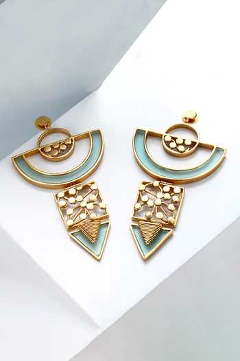 Suhani Pittie_Gold Plated Semi Circular Acrylic Arc And Dotted Coil Drop Earrings _Online_at_Aza_Fashions