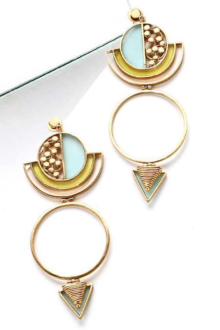 Shop Suhani Pittie Gold Plated Circular Drop Acrylic Arcs And Coiled Triangles Earrings at Aza Fashions Shop_Suhani Pittie_Gold Plated Circular Drop Acrylic Arcs And Coiled Triangles Earrings _at_Aza_Fashions