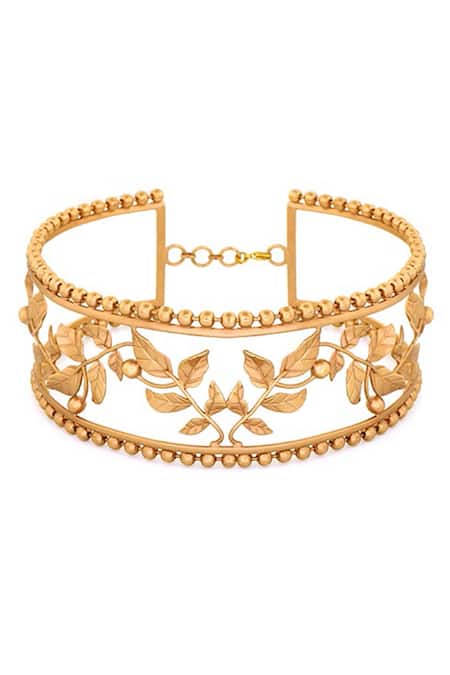 Shop Suhani Pittie Gold Plated Serrated Leaves Ball Chain Choker at Aza Fashions Shop_Suhani Pittie_Gold Plated Serrated Leaves Ball Chain Choker _at_Aza_Fashions