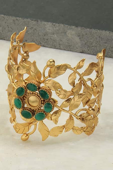Suhani Pittie Green Crystals Broad Rose Vine Cuff 
