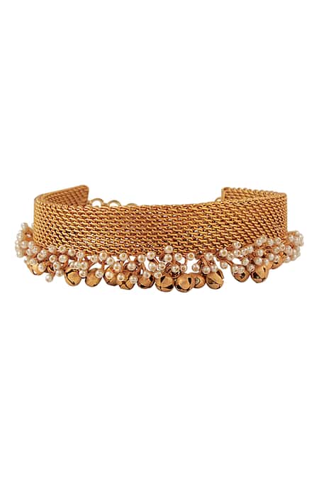 Suhani Pittie Pearl & Ghungroo Gold Toned Mesh Necklace 