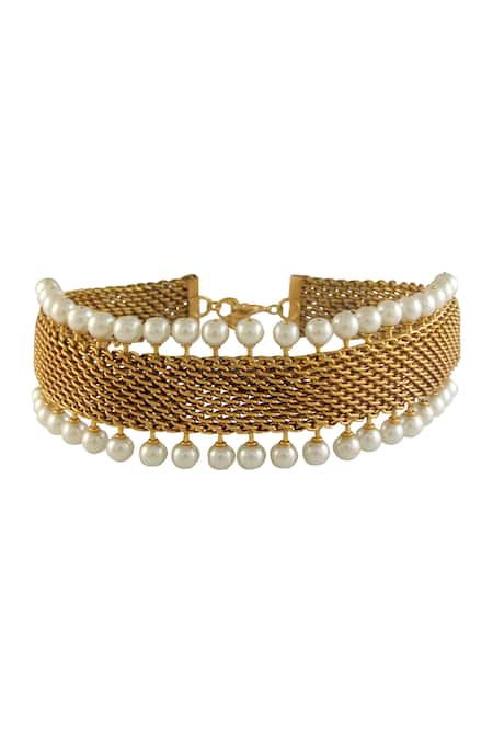 Shop Suhani Pittie Gold Plated Mesh And Pearl Choker at Aza Fashions Shop_Suhani Pittie_Gold Plated Mesh And Pearl Choker _at_Aza_Fashions