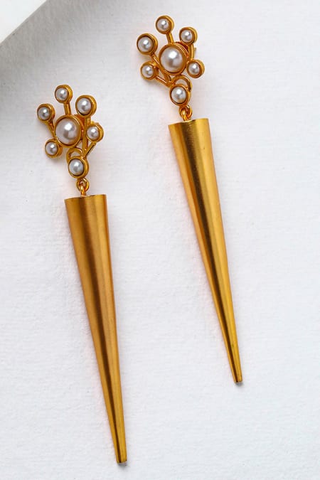 Shop_Suhani Pittie_Gold Plated Pearls Cluster And Cone Earrings _at_Aza_Fashions