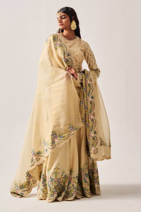 Buy Wabi Sabi By Anshum-Ritesh Beige Chanderi, Organza Abundance Lehenga Set With Dupatta Online at Aza Fashions Buy_Wabi Sabi By Anshum-Ritesh_Beige Chanderi, Organza Abundance Lehenga Set With Dupatta _Online_at_Aza_Fashions