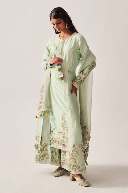Buy Wabi Sabi By Anshum-Ritesh Mint Chanderi, Organza Embroidery, Tassels Floral Palms Kurta, Pant And Dupatta Online at Aza Fashions Buy_Wabi Sabi By Anshum-Ritesh_Mint Chanderi, Organza Embroidery, Tassels Floral Palms Kurta, Pant And Dupatta _Online_at_Aza_Fashions