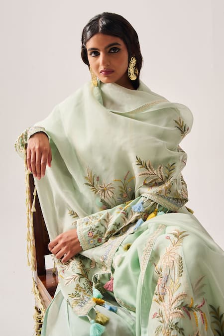 Wabi Sabi By Anshum-Ritesh Mint Chanderi, Organza Embroidery, Tassels Floral Palms Kurta, Pant And Dupatta at Aza Fashions Wabi Sabi By Anshum-Ritesh_Mint Chanderi, Organza Embroidery, Tassels Floral Palms Kurta, Pant And Dupatta _at_Aza_Fashions